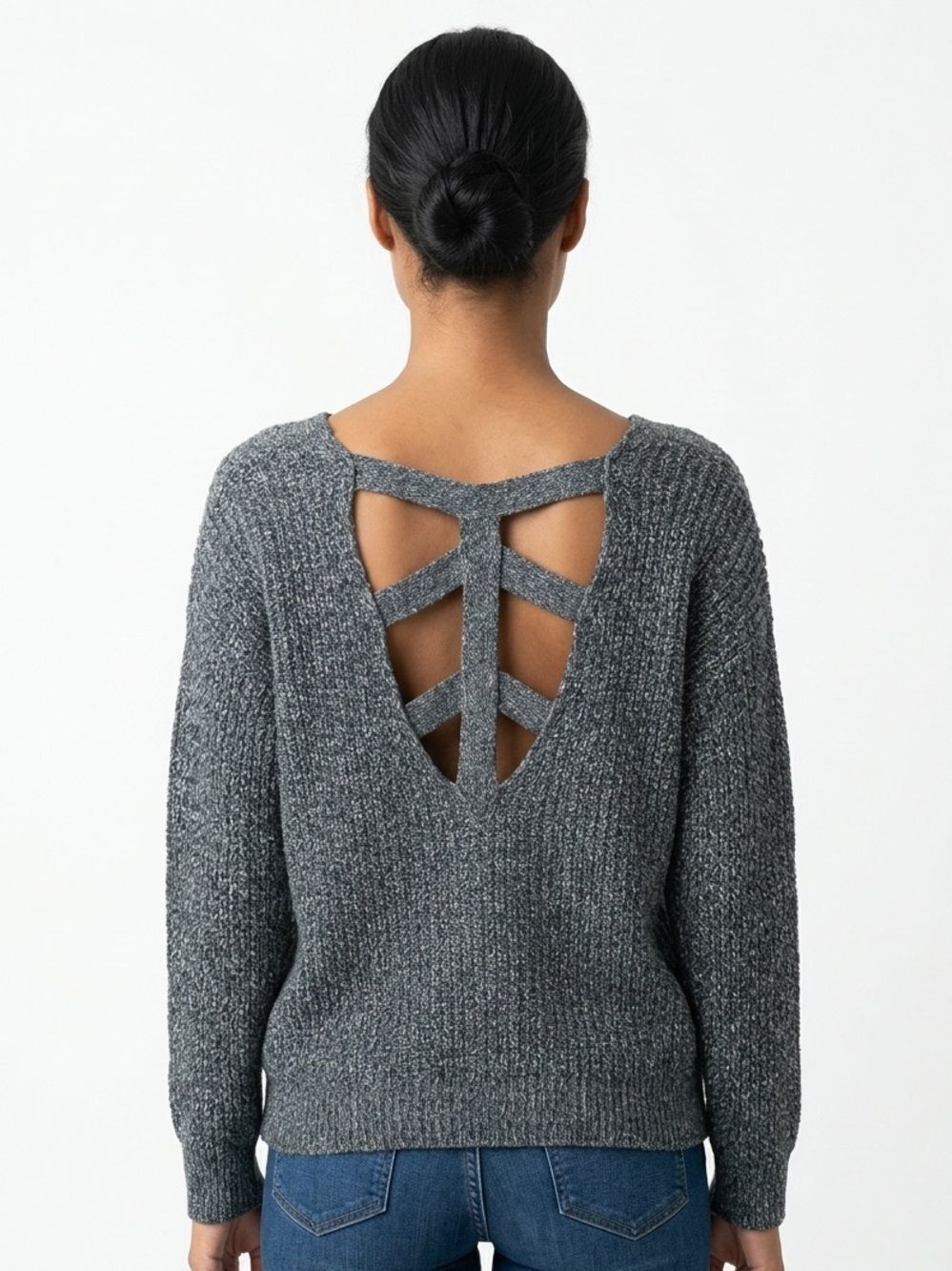 SPARKLE & FADE | Black & Grey Scoopneck Sweater Cut Out Back Women’s Size Large